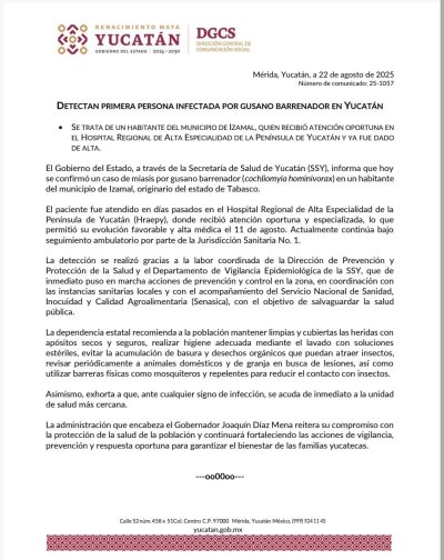 Detectan primera persona infectada por gusano barrenador en Yucatán