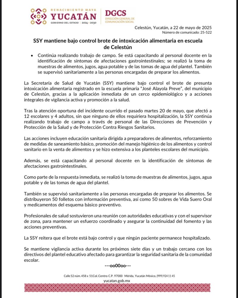 SSY mantiene bajo control brote de intoxicación alimentaria en escuela  de Celestún